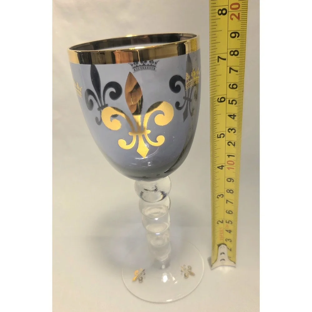 Fleur de Lis Goblet Smoky Gray Glass Gold Black Crown Bubble Stem 8